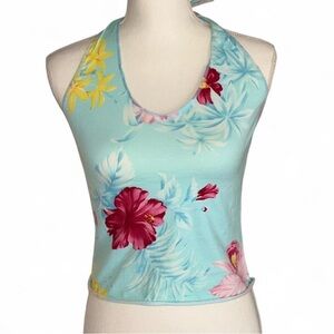 Vintage Y2K United Colors of Benetton Blue Pink Yellow Hibiscus Print Halter Top